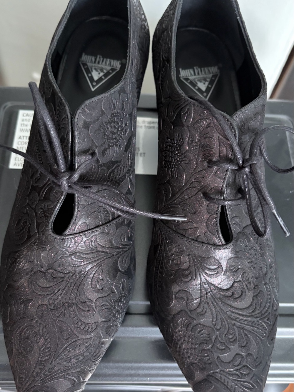 John Fluevog Embossed Lace-Up Ankle Shoes — Black with Deep Brown Sheen